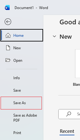 Save as button under file in Word